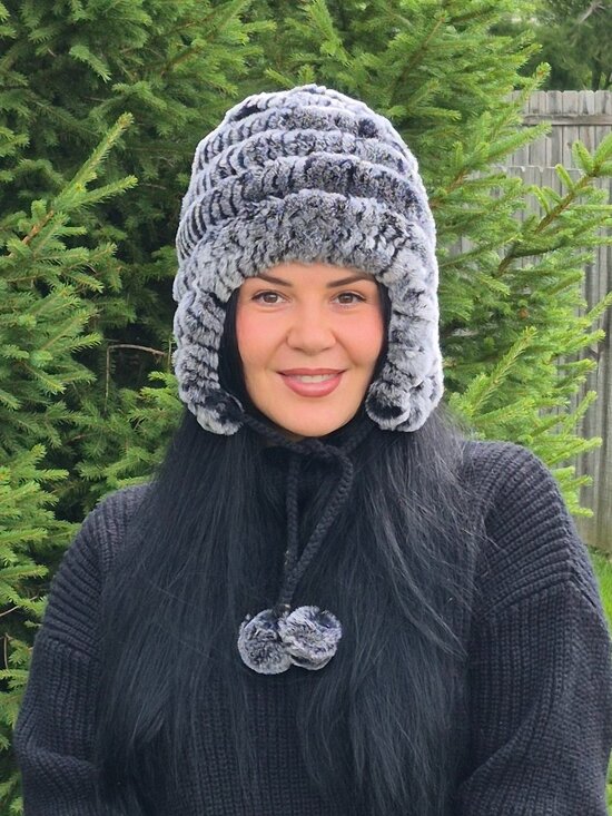 Silver Rex Rabbit Fur Earflap Hat, Knit Fur Ushanka with Pompoms, Aleutka Beanie main image 4